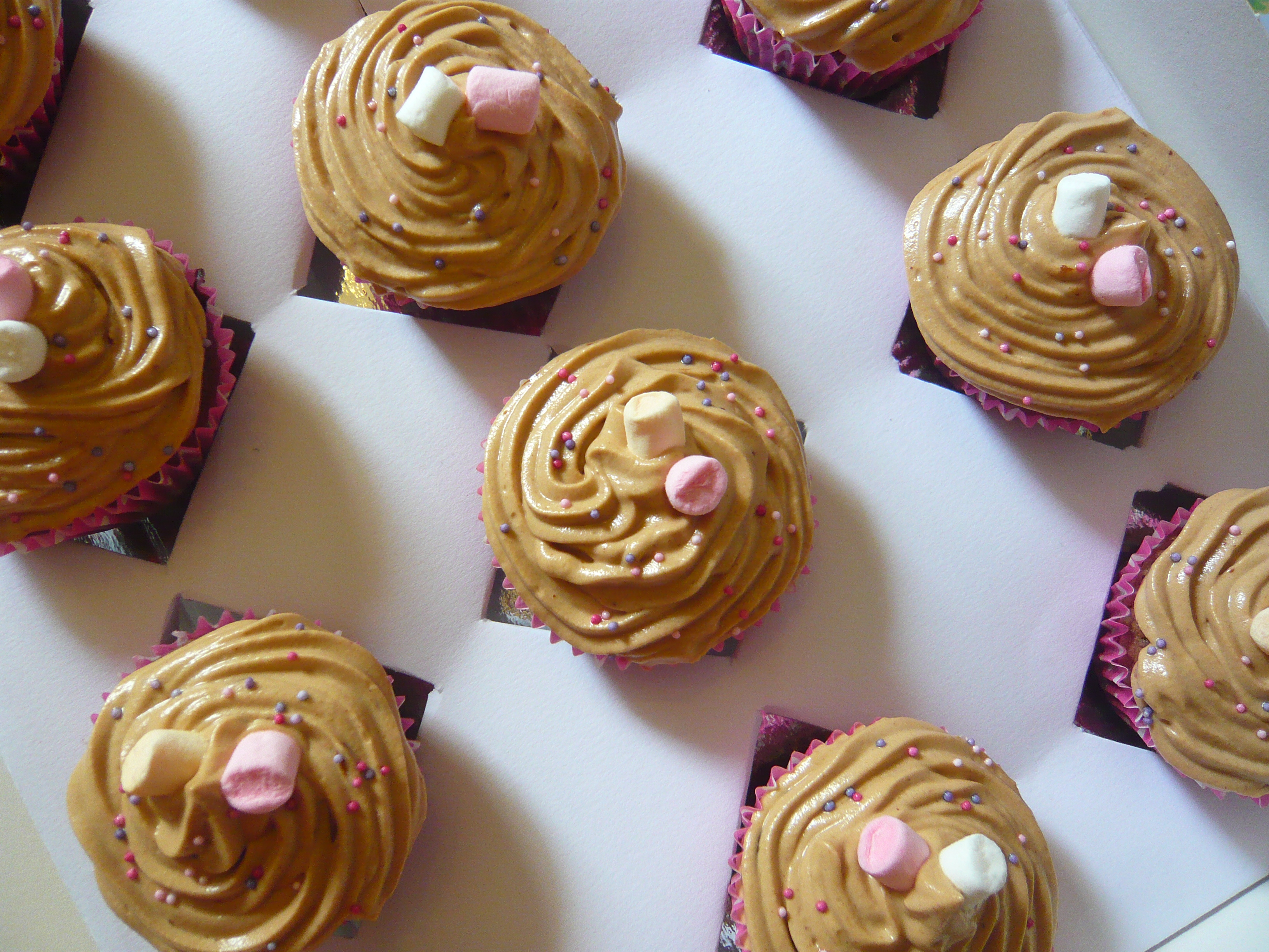 Génoise chocolat, coeur creme pâtissière pralinée, chantilly pralinée, chamallows.